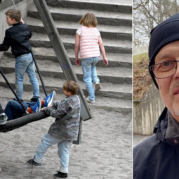 Sex barn leker och gungar på en lekplats. Signar Mäkitalo i mössa och vindtät jacka.