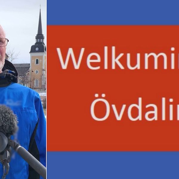 Björn Rehnström, sekreterare i Ulum Dalska i Ävldalen står framför en kyrka utomhus samt en välkomstskylt på älvdalska