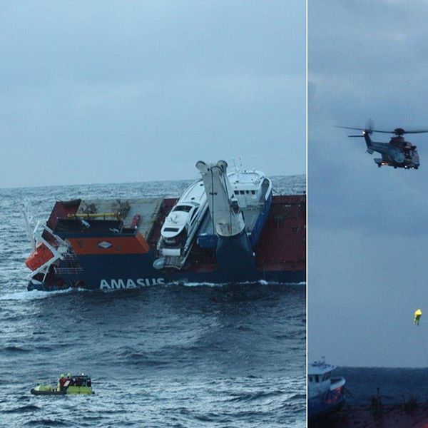 Här hissas personal ombord från helikopter. Nu ska bärgningsbåtarna bogsera fartyget till land under natten.