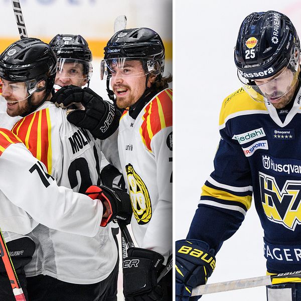 Vänster: Brynäs-jubel efter Emil Molins 2-1. Höger: HV71:s Axel Holmström deppar.