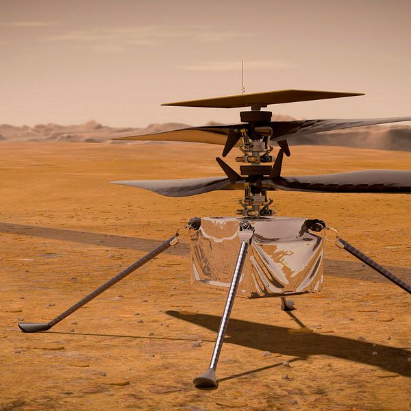 Minihelikoptern Ingenuity, med Marsbilen Perseverance i bakgrunden, illustrerad av Nasa.