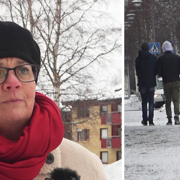 delad bild: närbild medelålders kvinna med glasögon, mössa och halsduk framför lägenhetshus, samt tre ungdomar som går längs en snöig gångväg
