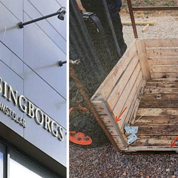 Bilden består av två bilder. Den första är en närbild på Helsingborgs tingsrätt och den andra visar hur den hemmagjorda liftkorgen såg ut.