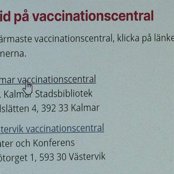 Bild på Region Kalmar läns webbsida med rubriken ”Boka tid på vaccinationscentral”.