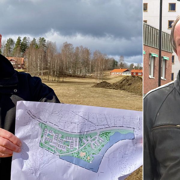 Bostadsbolagets VD Håkan Laack håller i en plankarta till vänster, kommunalrådet Peter Jonsson (S) i bild till höger