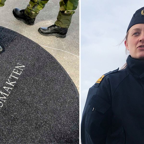 Till vänster: Två par ben klädda i grön militäruniform. Till höger: Kvinnlig militär iklädd uniform.