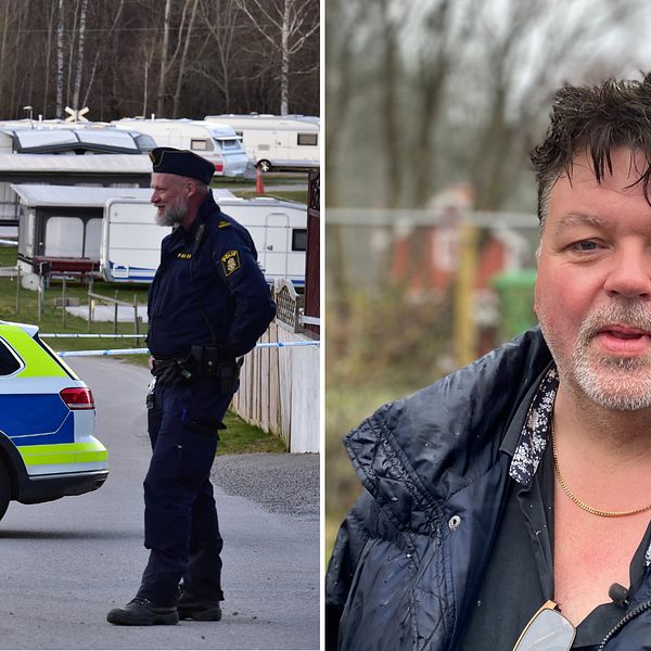 En polis och polisbil syns intill campingområdet, samt en bild på Jack Rydberg.