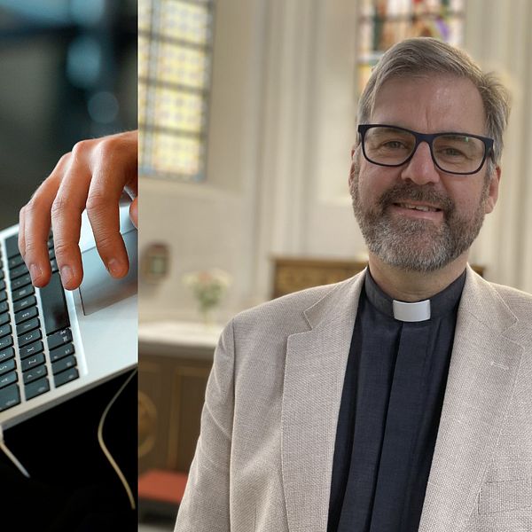 En person som skriver på en bärbar dator och en bild på kyrkoherde Klass Frisk Svensson som står inne i en kyrka och tittar in i kameran.