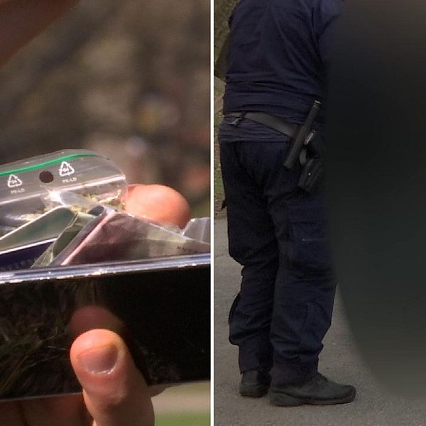 man håller i cannabis och kontanter. Bredvid två poliser som griper en person.