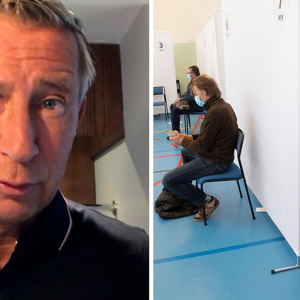 Richard Bergström. Till höger vaccinering i en gymnastiksal (gamla Bredbyskolan) i Rinkeby som förvandlats till vaccinationscentral under covid-pandemin.