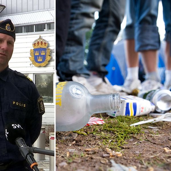 En man i polisuniform står med händerna bakom ryggen framför en byggnad med Polismyndighetens emblem. På bilden bredvid syns en glasflaska, ölburkar och skräp i förgrunden och i bakgrunden jeansbeklädda ben.