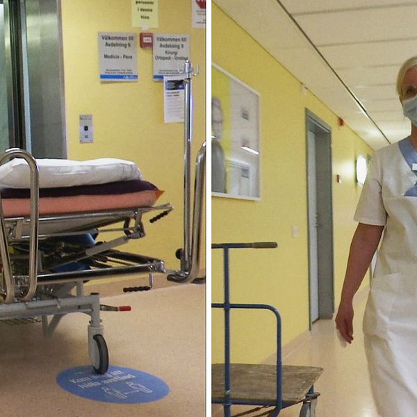 Till höger i bild en sjuksköterska med munskydd. Till vänster i bilden en man med munskydd som drar en säng in i en hiss.