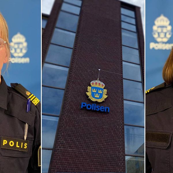 delad bild: porträtt på två kvinnor i polisuniform samt husfasad med polisens sköld-emblem på väggen.