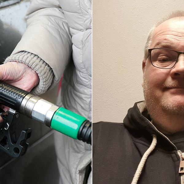 Bilden är ett collage. Den vänstra bilden är en bild på en arm som tankar en bil och håller i en grön bensinpump. Den högra är en porträttbild på en medelåldersman.