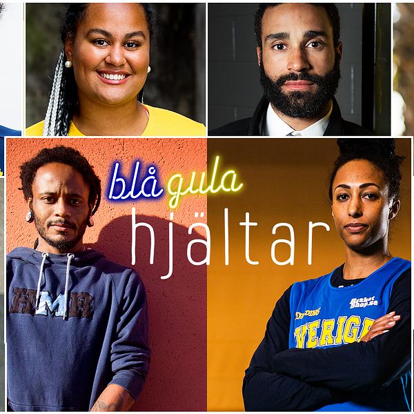 Idrottarna som intervjuas i Blågula hjältar. Från vänster översta raden: Jamina Roberts, Vanessa Kamga, Johnny Oduya, Madelen Janogy, Simon Sjödin, Antonio Lindbäck, Kalis Loyd och Tobias Sana.