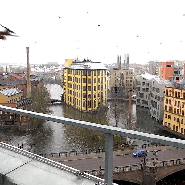 Norrköping skyline med en massa ditritade drönare