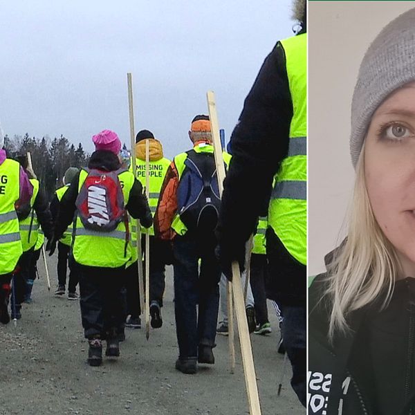 Bilden är ett collage. Den vänstra bilden visar ryggarna på flera personer iklädda gula reflexvästar som det sår ”Missing People” på, på ryggen. Den vänstra bilden är en porträttbild på Johanna Hedlund, verksamhetsledare för Missing People Kalmar.