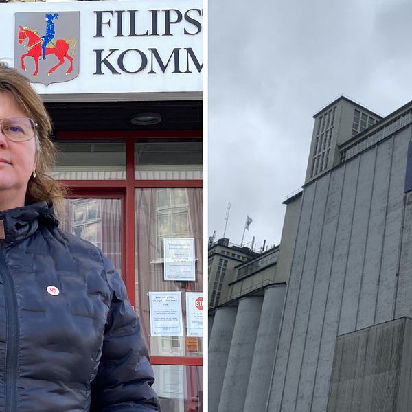 Åsa Hååkman Felth (S) kommunalråd i Filipstad och en bild på Barillas fabrik