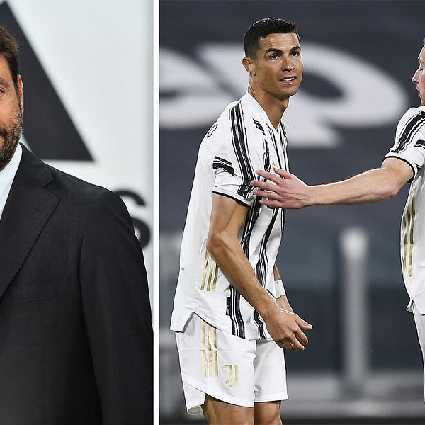 Juventus ordförande Andrea Agnelli (t.v) har varit drivande för den nya superligan. Nu kan Juventus kastas ut ur Serie A om de inte drar sig ur.