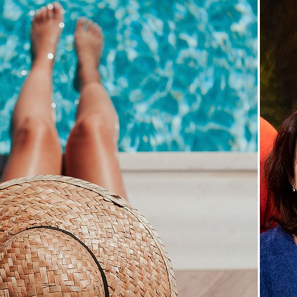 Person med solhatt sitter med fötterna i en pool, hudspecialisten Virginia Zazo och läkaren Karin Granberg.