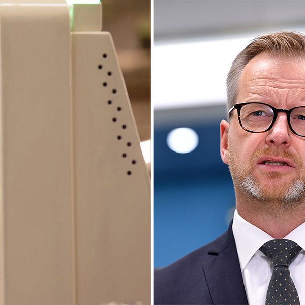 På bild ett exempel på hur ansiktsigenkänning fungerar samt inrikesminister Mikael Damberg (S).