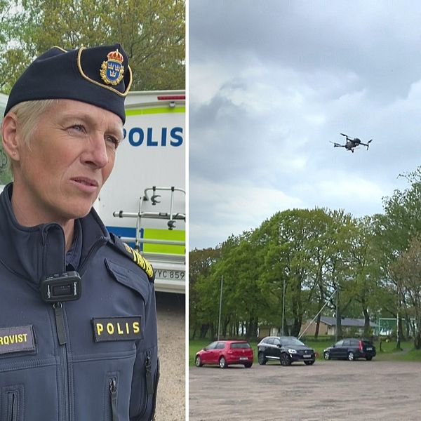 Bild i två delar: 1. Polisen Susanna Lagerqvist står framför en polishusbil. 2. Drönare flyger över en grusparkering.