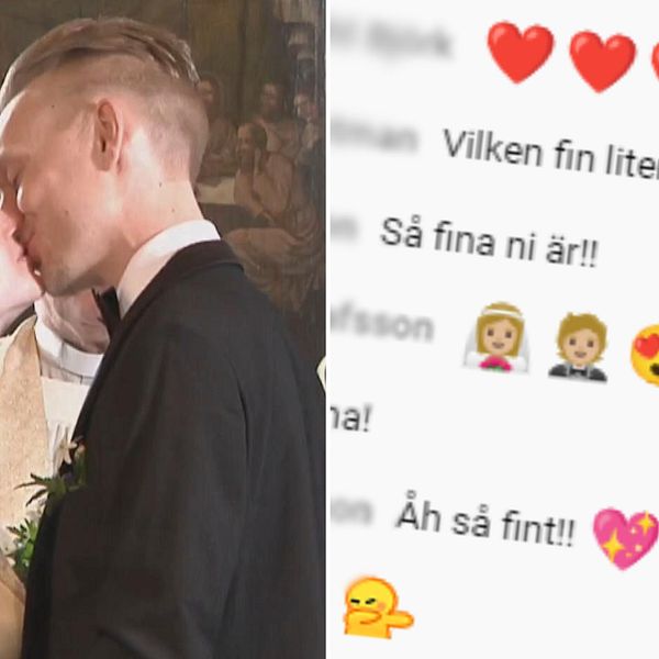 Brudpar som kysser varandra. Bredvid en chatt med emojis.