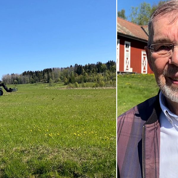 traktor med släp på gräsäng, och porträttbild på äldre man framför falurött hus med vita trädetaljer