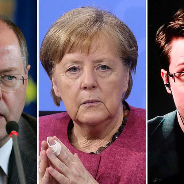 Tyske toppolitikern Peer Steinbrück, förbundskansler Angela Merkel och visseblåsaren Edward Snowden.