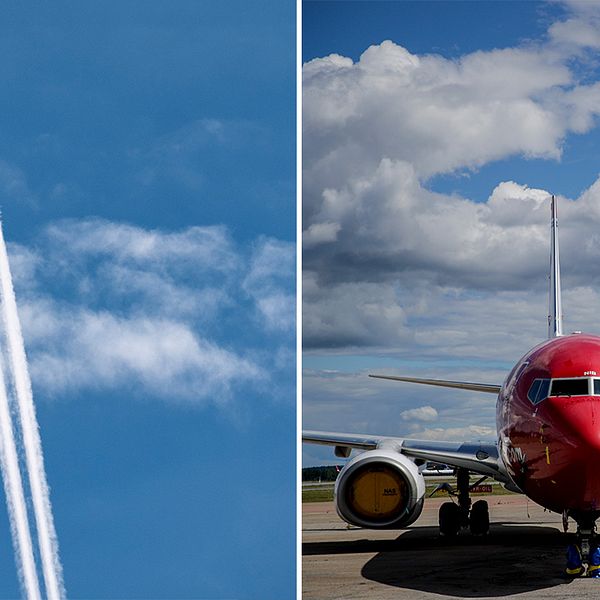 Kondensstrimmor efter flygplan/flygplan på landningsbana.