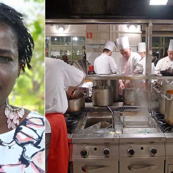 Bilden är delad i två. Den vänstra bilden är en porträttbild på en senegalesisk kvinna i medelåldern. Hon har stora silverringar i öronen med ljusrosa stenar. I bakgrunden skymtar grönska. Den vänstra bilden föreställer ett restaurangkök i rostfritt stål. Flera kockar i vita kockrockar och kockmössor arbetar i köket.