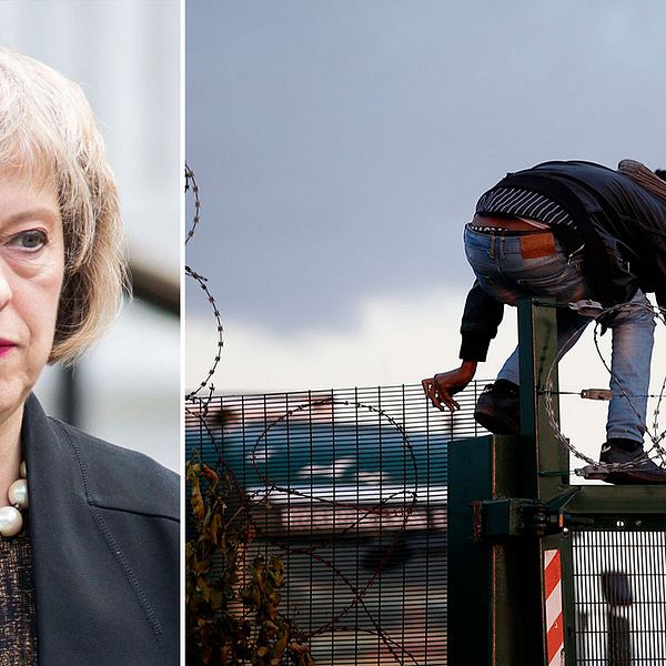 Migranter vid ingången till Eurotunnel i Calais, och Storbritanniens inrieksminister Theresa May.