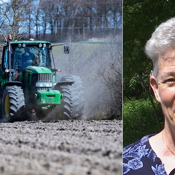 en traktor som drar maskini på åker, samt närbild på medelålders kvinna