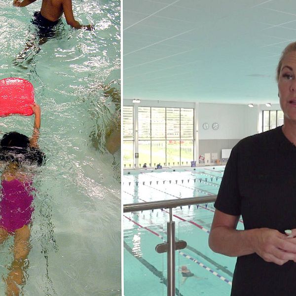 Två bilder, en på en flicka som simmar med flytbräda, en på Emma Igelström.