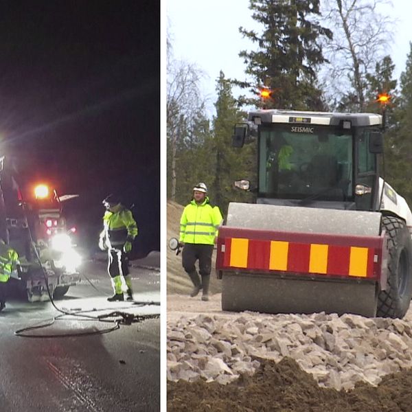 bild från arbete på väg nattetid, samt en ångvält och bilar dagtid