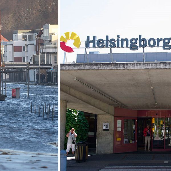 Fotomontage av bilder på översvämning och huvudingången på lasarettet i Helsingborg