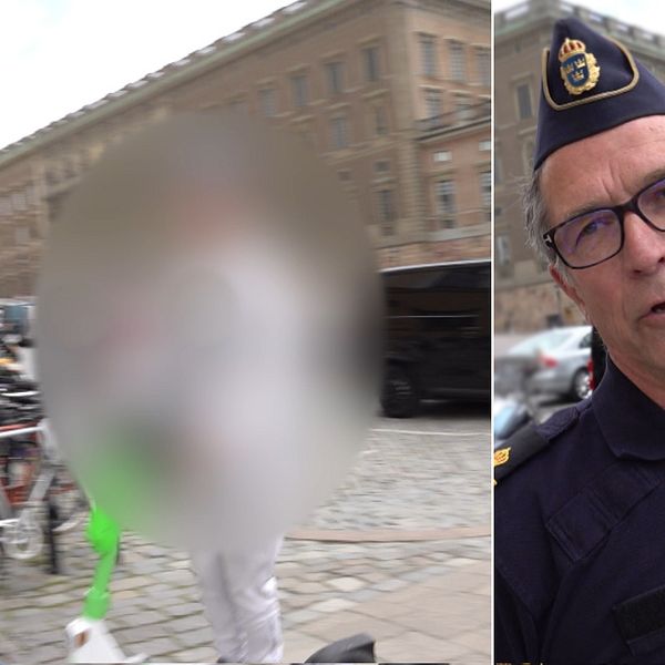 Den högra bilden visar en halvbild på polisen Hans Nilsson. Den vänstra bilden visar en person som är anonymiserad som kör elsparkcykeln på gatan förbi polisen.