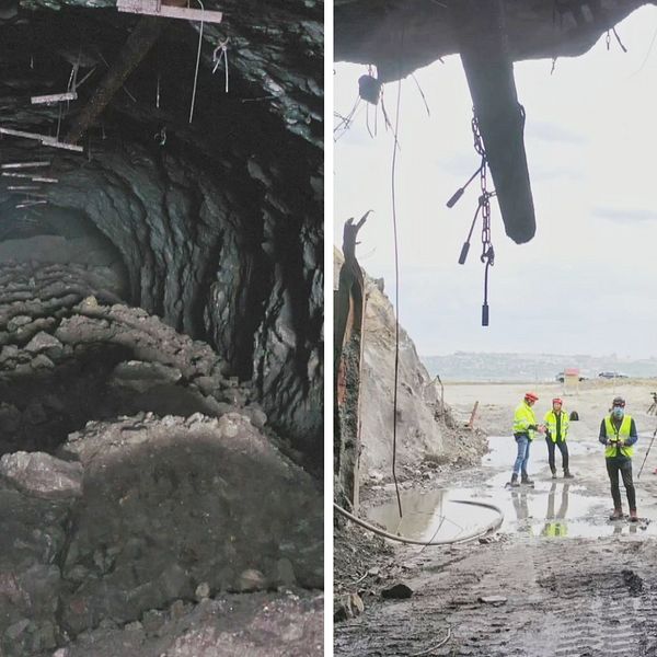 inne i en gammal gruvgång med rasmassor på marken, samt bild ut mot öppningen där det står fyra personer utanför gruvan