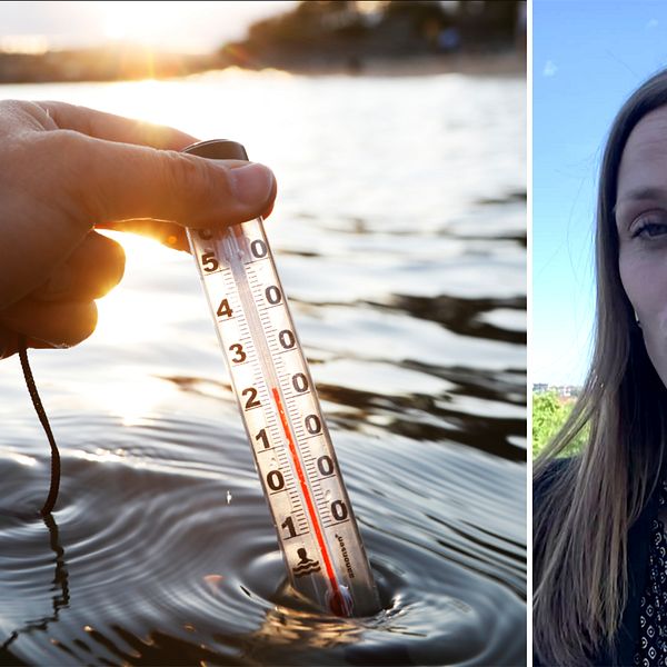 dubbelbild: termometer i sjö visar 22 grader, porträtt på meteorolog