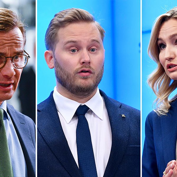 M:s partiledare Ulf Kristersson, SD:s gruppledare Henrik Vinge, KD:s partiledare Ebba Busch.