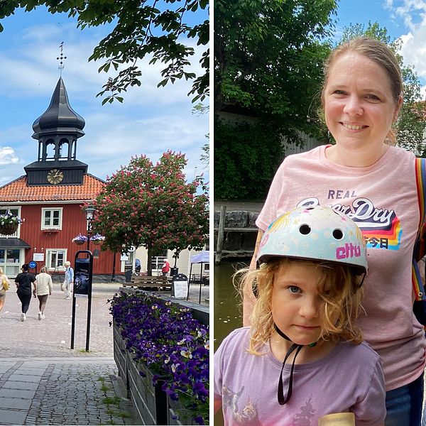 Trosa centrum och en bild på Katalin, Zacharina och Zoe vid Trosaån.