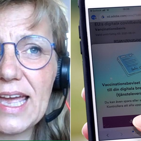 Bilden är delad i två. Den ena är en bild på Annemieke Ålenius och den andra föreställer en mobiltelefon som är inne på e-hälsomyndighetens digitala tjänst för covidbevis.