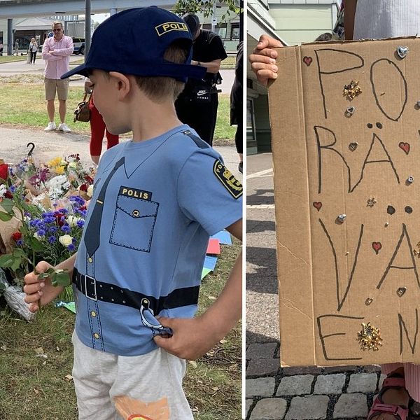 Delad bild. Två pojkar i poliströjor lägger ner blommor. En flicka håller en skylt med texten ”polisen räddar världen”.