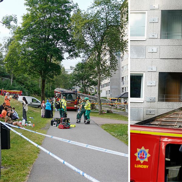 Boende och räddningstjänst utanför det eldhärjade huset/ Närbild på brandskadad lägenhet.