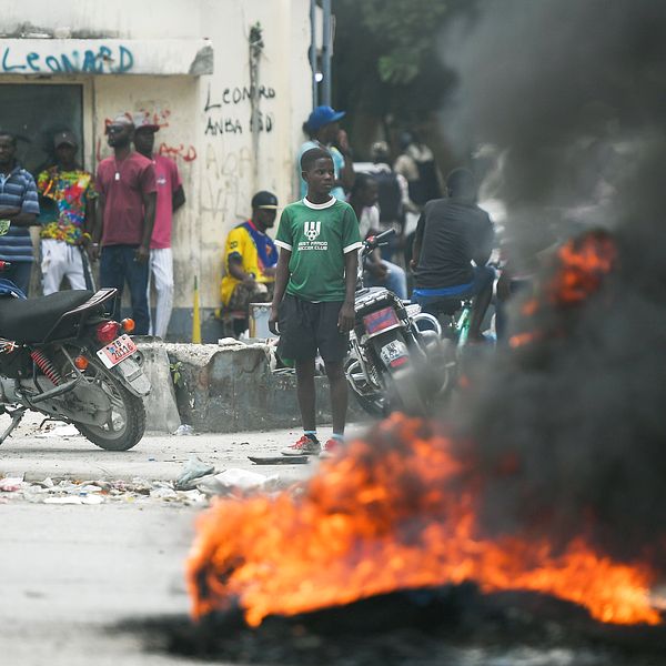 Demonstranter har tänt på däck i Port-au-Prince i Haiti på måndagen.