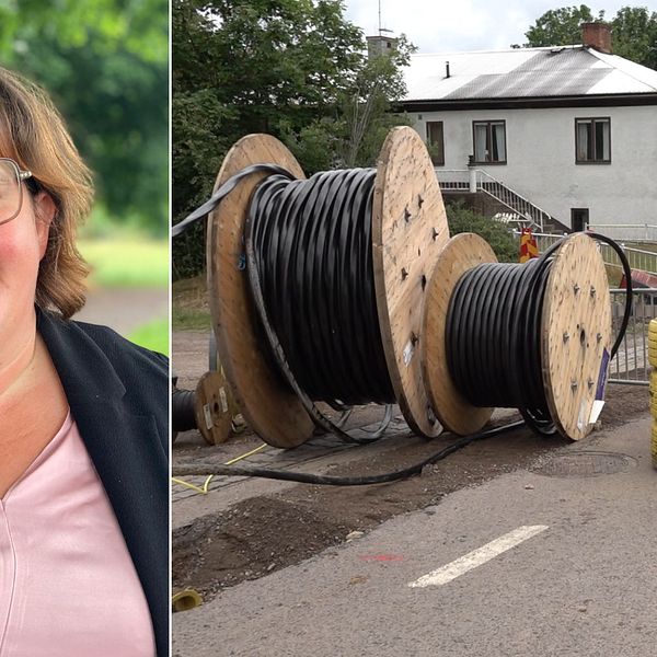 Bilden är delad i två. Den vänstra bilden är en porträttbild på Karin Helmersson, ordförande i regionala utvecklingsnämnden (C) i Kalmar län. Den andra bilden föreställer två rullar med kablar för fibernätverk.