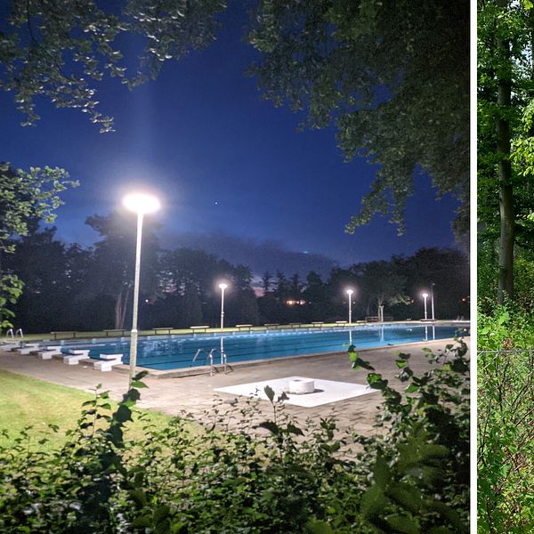 Fotomontage, en person som tittar mot en pool, och en bild på en pool nattetid