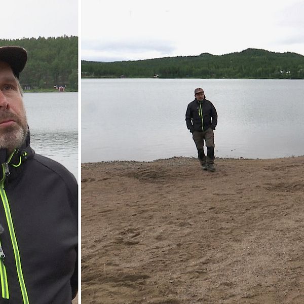 närbild en man i jacka och keps, samt vy där han står på sandstrand framför vatten, och skog bortanför