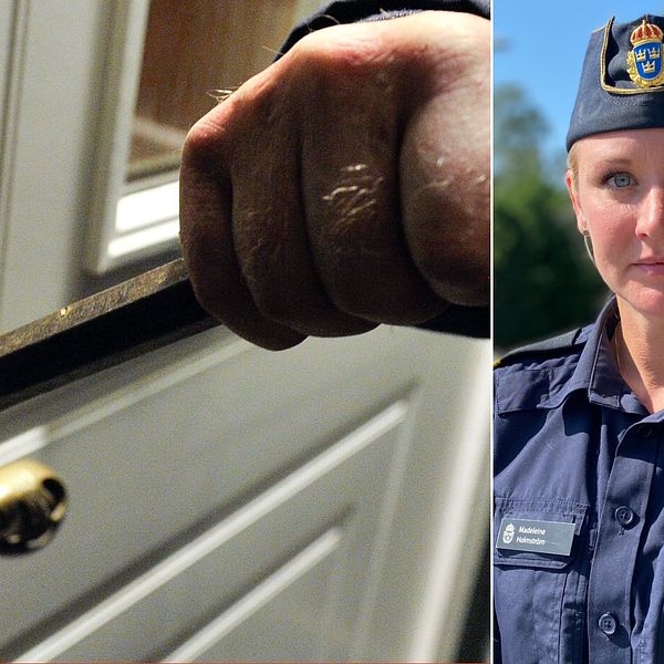Genrebild på person som håller en kofot framför en dörr. Den högra bilden visar en halvbild på polisen Madeleine Holmström.