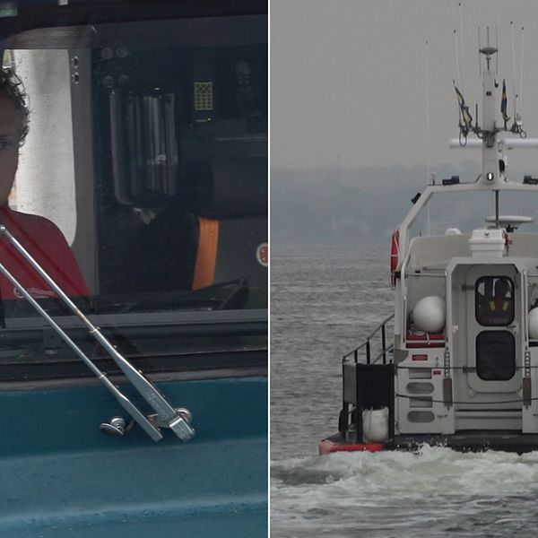 Bilden är delad i två. Den vänstra bilden föreställer en yngre man som sitter i fören. Han tittar rakt ut genom båtens fönster. På fönstren syns vindrutetorkare. Den högra bilden visar baksidan av RS Kalmars sjöräddningsbåt när den är ute på Kalmarsund. Vädret är disigt och grått.